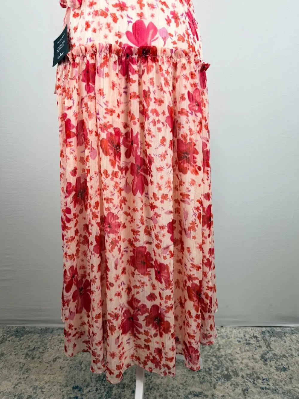 Lulus Womens Size S Pink Floral Wrap Midi Dress Ruffle Sleeveless NWT - Picture 9 of 16